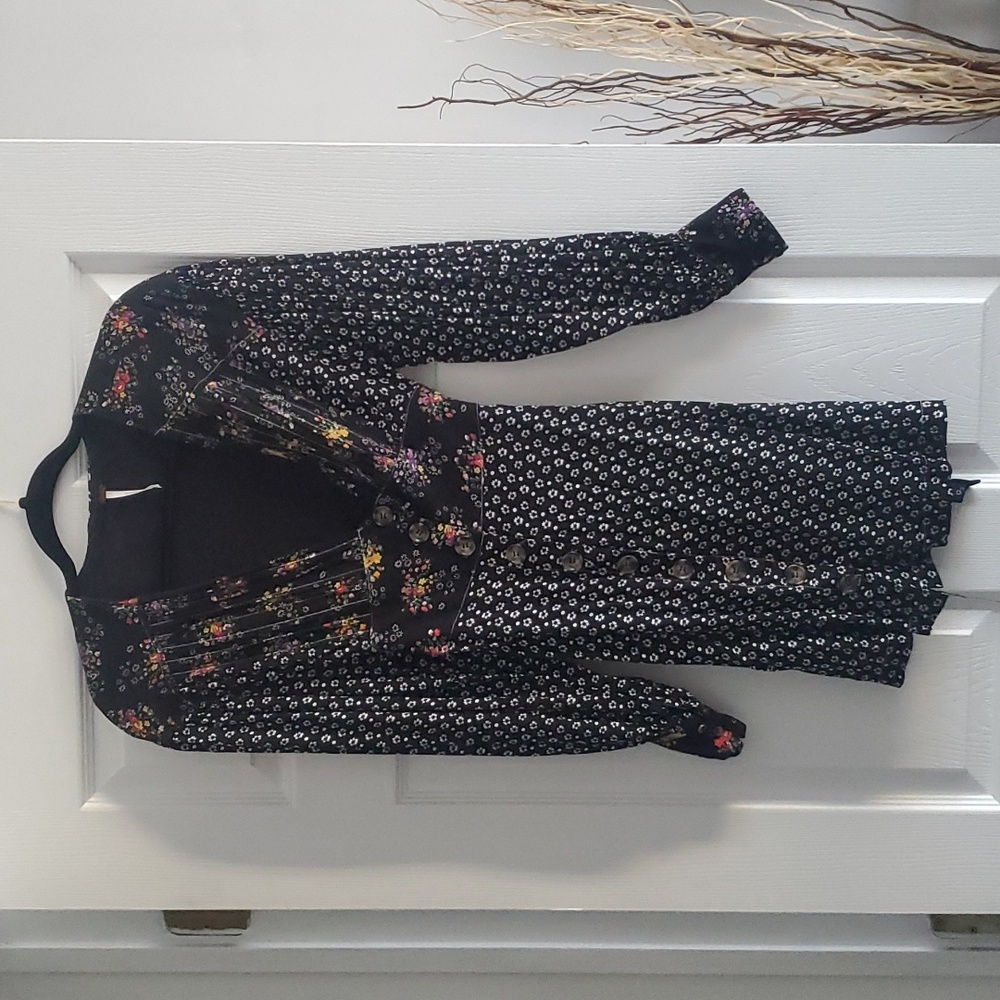 Free People Black Floral Casual Long Sleeve Mini Dress